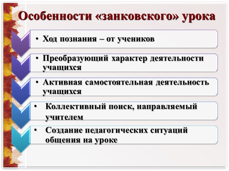 Особенности «занковского» урока Коллективный поиск, направляемый учителем Создание педагогических ситуаций общения на уроке